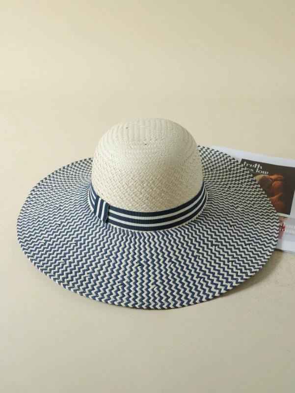 Blue Striped Cream Wide Brim Sun Hat