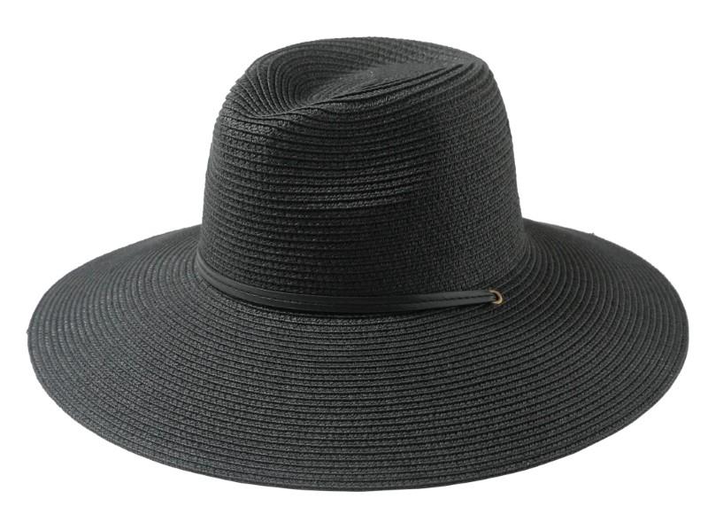 Black Extra Wide Straw Bucket Hat w/Chin Strap