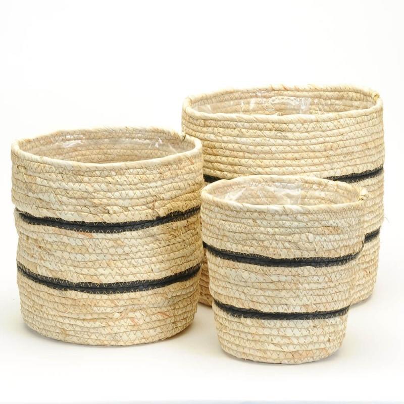 Black Stripe/Natural Rattan Plastic Lined Basket