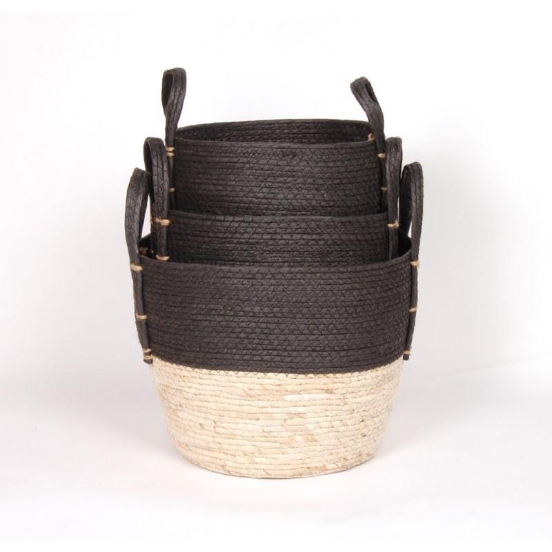 Black/Natural Straw Baskets With Handles