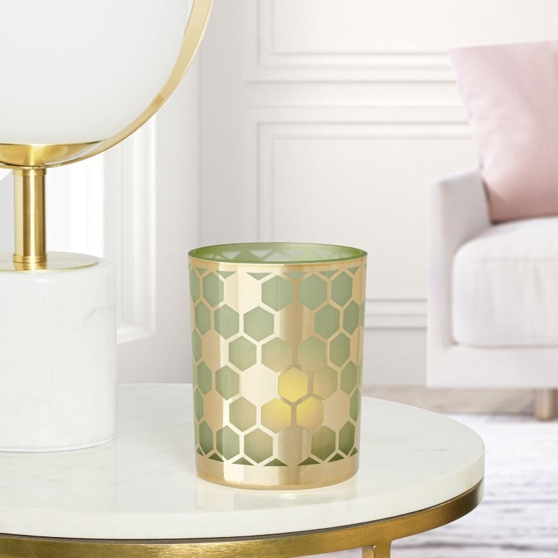 Honeycomb Gold &amp; Green Glass Hurricane Vase