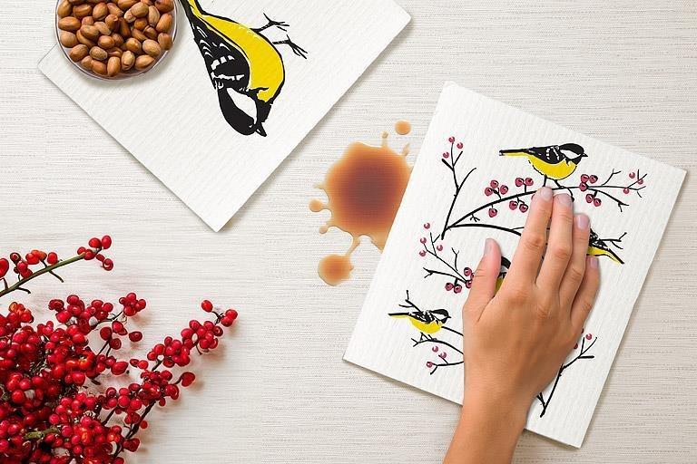 Goldfinch On Branch Swedish Dishcloth, Set of 2