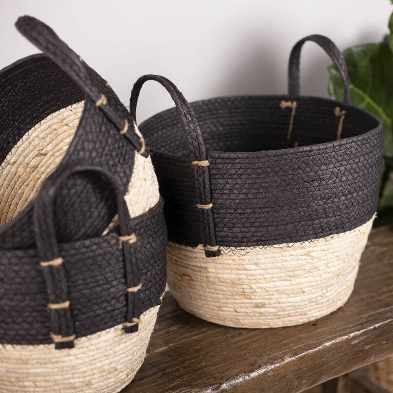 Black/Natural Straw Baskets With Handles