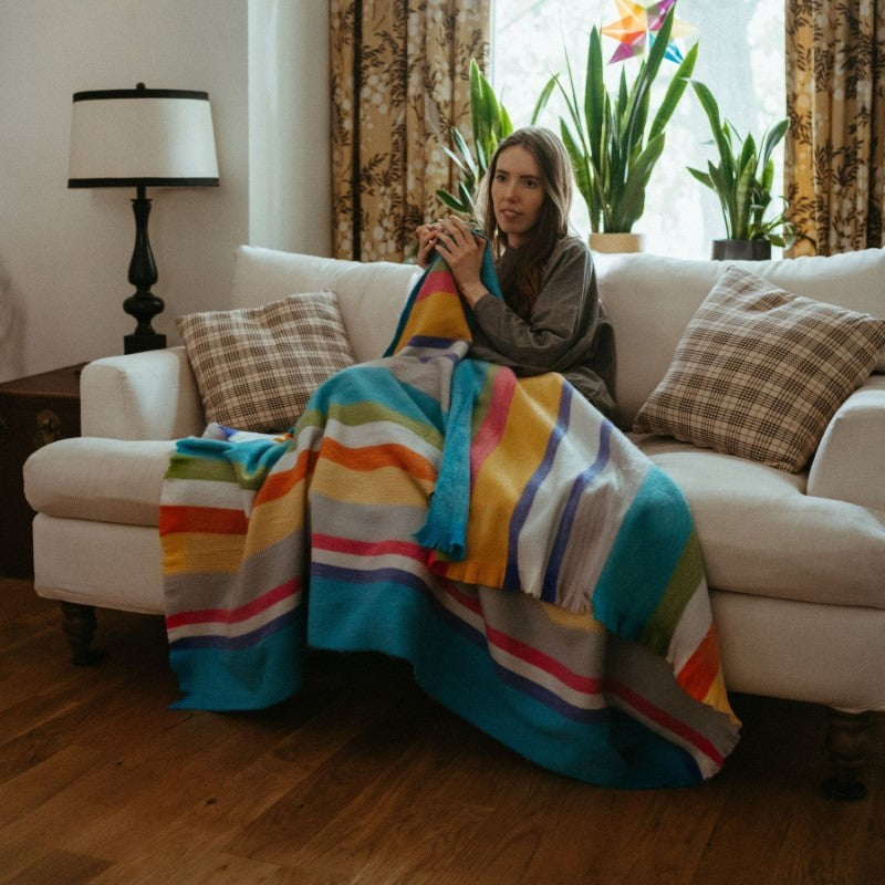 Pokoloko Tropical Multi Stripe Fringed Alpaca Blanket