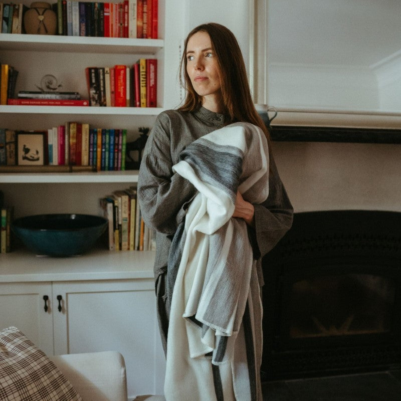 Striped Alpaca Throw Blanket - Earl Grey
