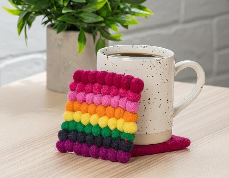 Square Rainbow Stripe Pompom Coaster