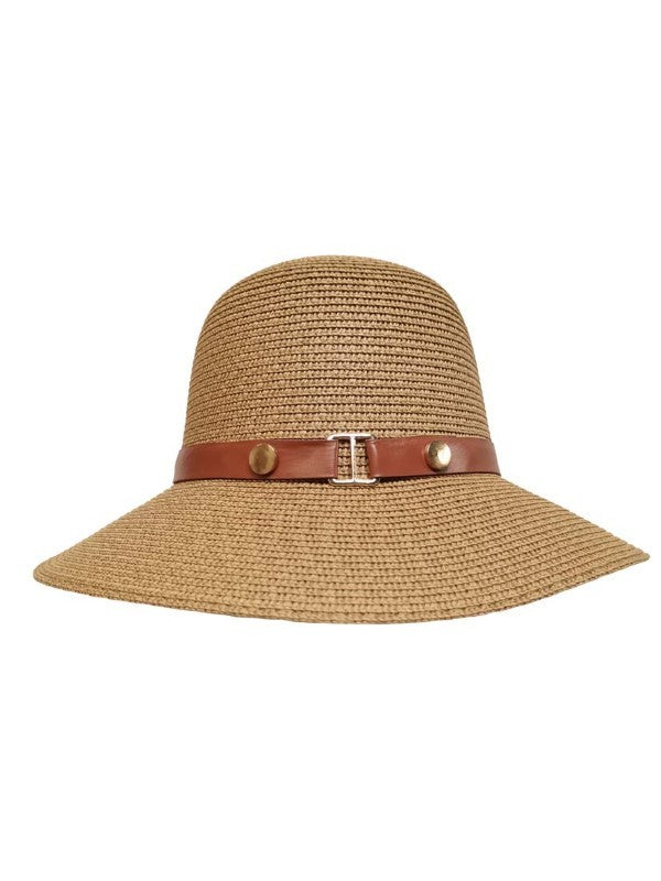 Crochet Bucket Straw Hat With Metal Buckle Band, Khaki