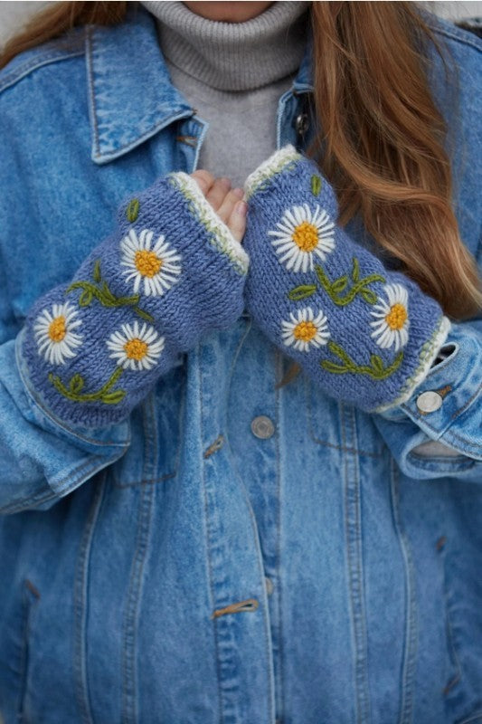 Daisy Chain Blue Fingerless Gloves
