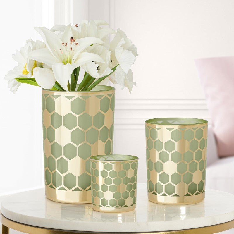 Honeycomb Gold &amp; Green Glass Hurricane Vase