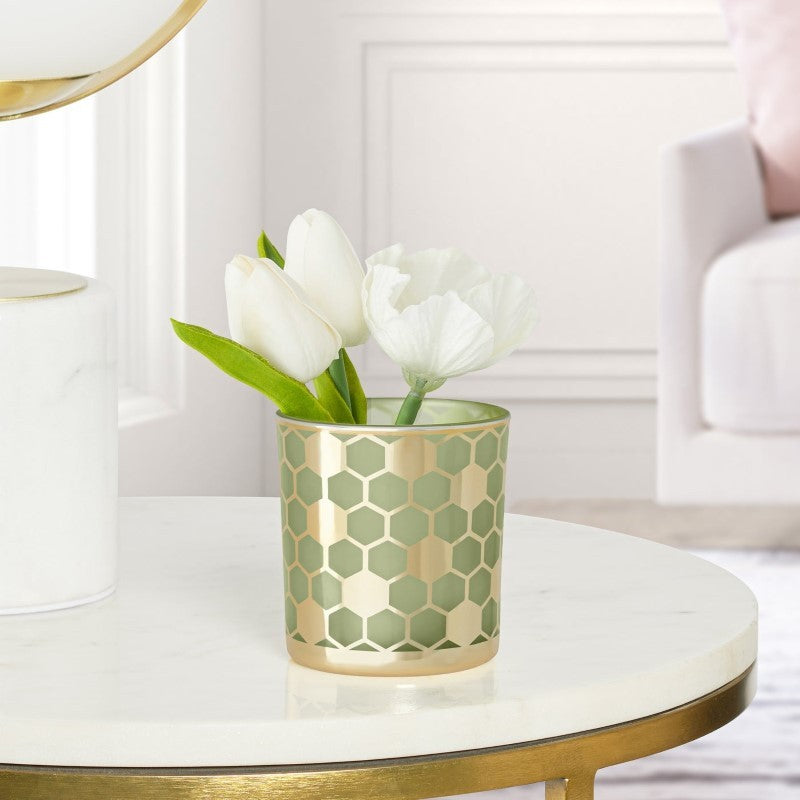 Honeycomb Gold &amp; Green Glass Hurricane Vase