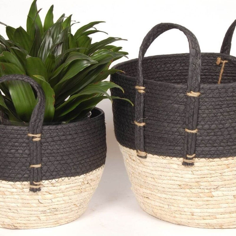Black/Natural Straw Baskets With Handles