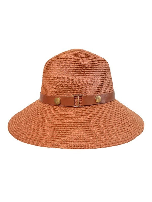 Crochet Bucket Straw Hat w/Metal Buckle Band