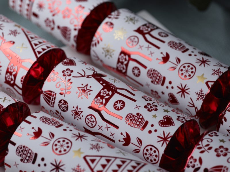 Shiny Red Reindeer Christmas Crackers, Set of 8