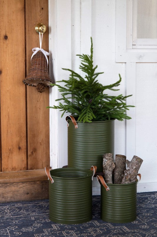 Round Metal Dark Green Tub With Brown Ear Handle