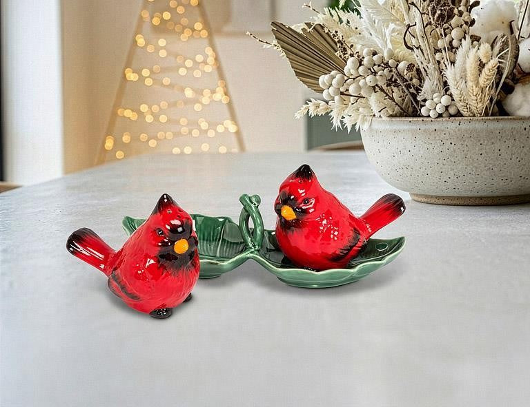 Cardinal on Holly Tray Salt &amp; Pepper
