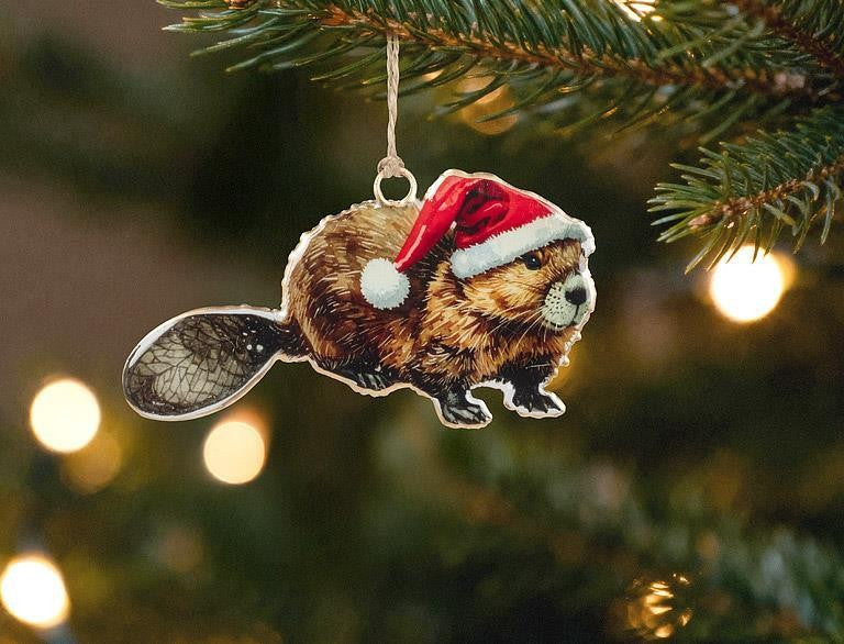 Beaver in Santa Hat Christmas Ornament