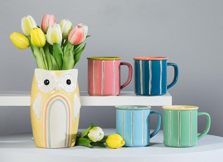 Yellow Rainbow Owl Vase, 6"H