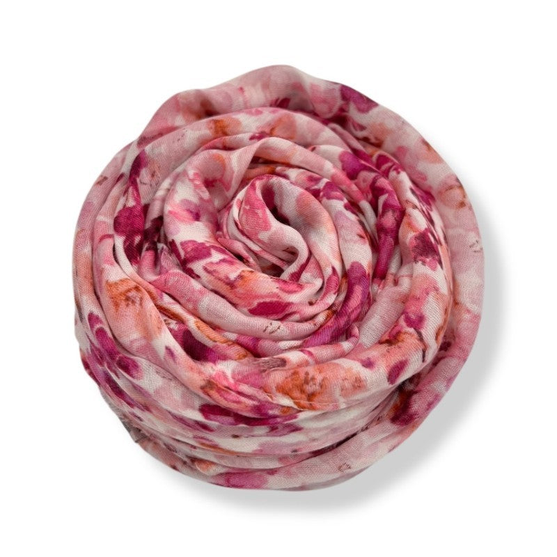 Pink Sweet Pea Flower Print Scarf Finished with Fringes