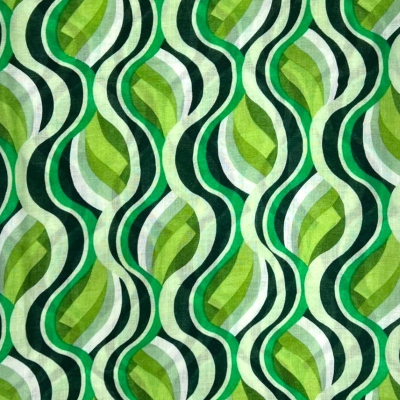 Green Retro Swirl Waves Printed Scarf Finished with Tassels