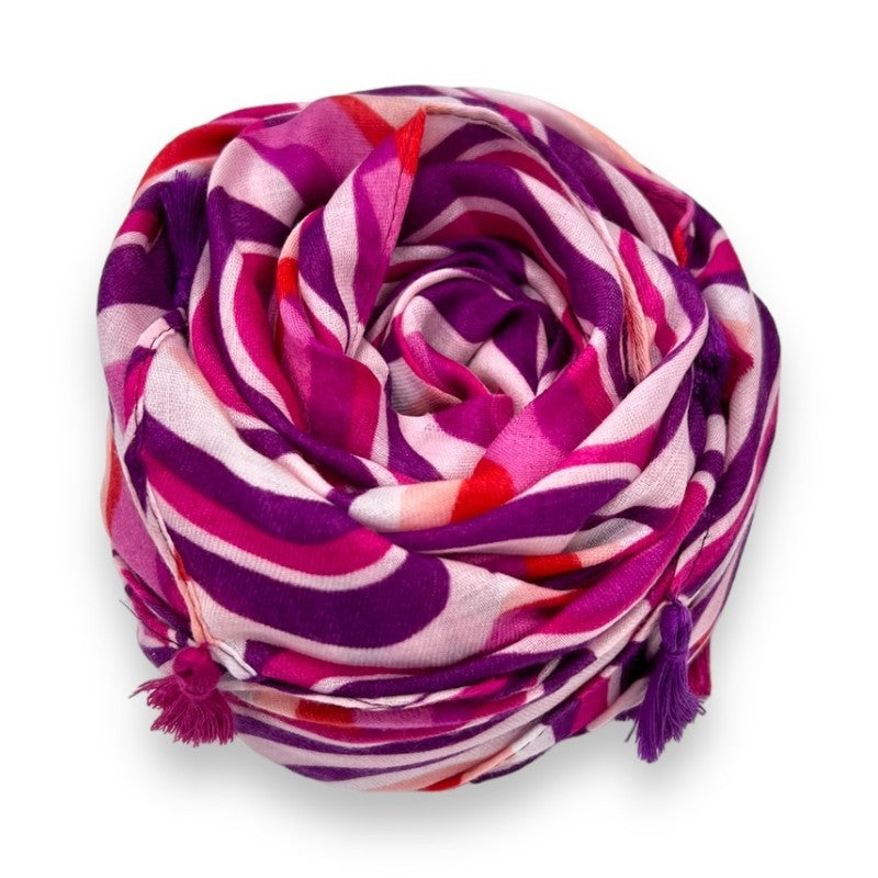 Pink Retro Swirl Waves Printed Scarf Finished with Tassels