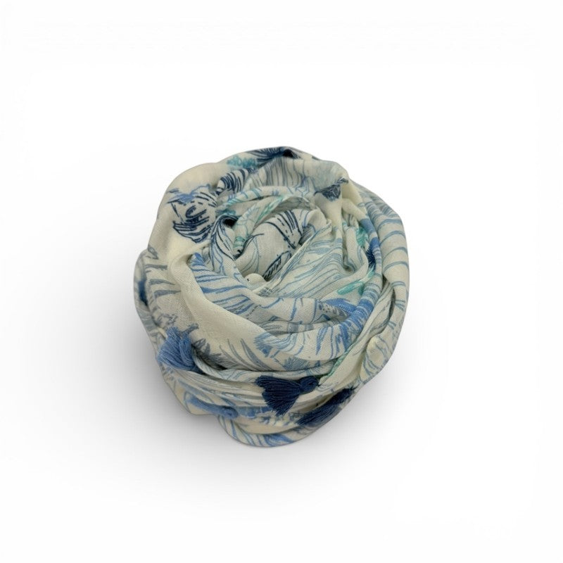 Blue Tropical Leaf &amp; Floral Print Tassel Scarf