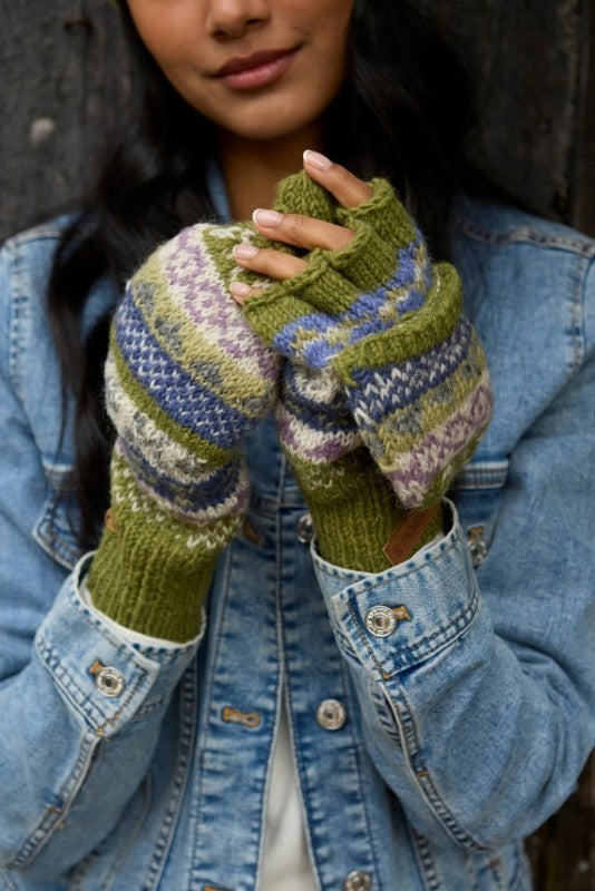 Fair Isle Olive Fingerless Gloves