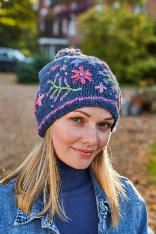 Hampton Court Embroidered Flower Wool Bobble Hat
