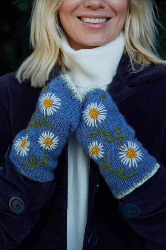 Daisy Chain Blue Fingerless Gloves