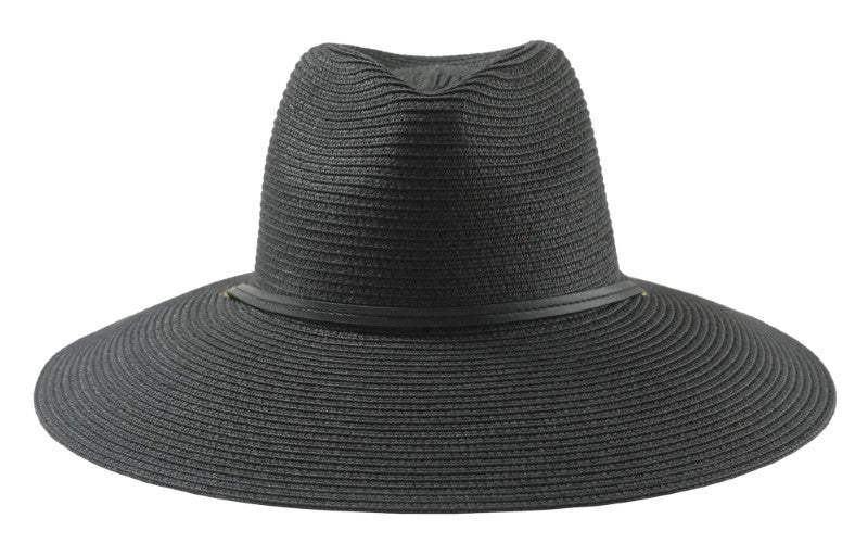 Black Extra Wide Straw Bucket Hat w/Chin Strap