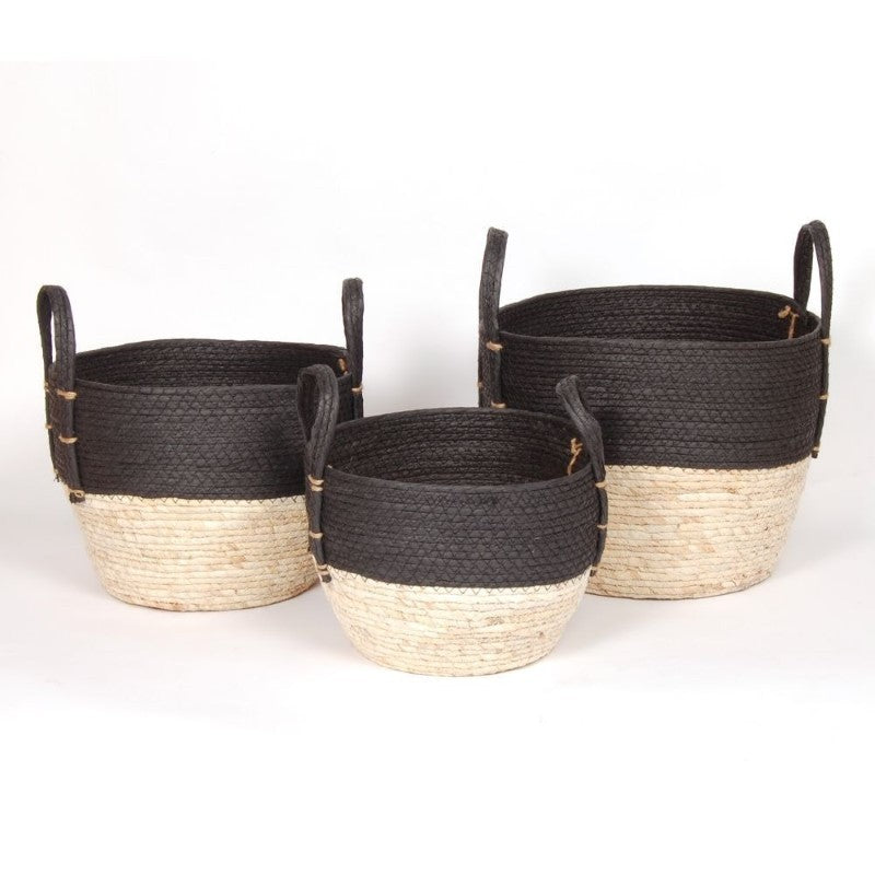 Black/Natural Straw Baskets With Handles