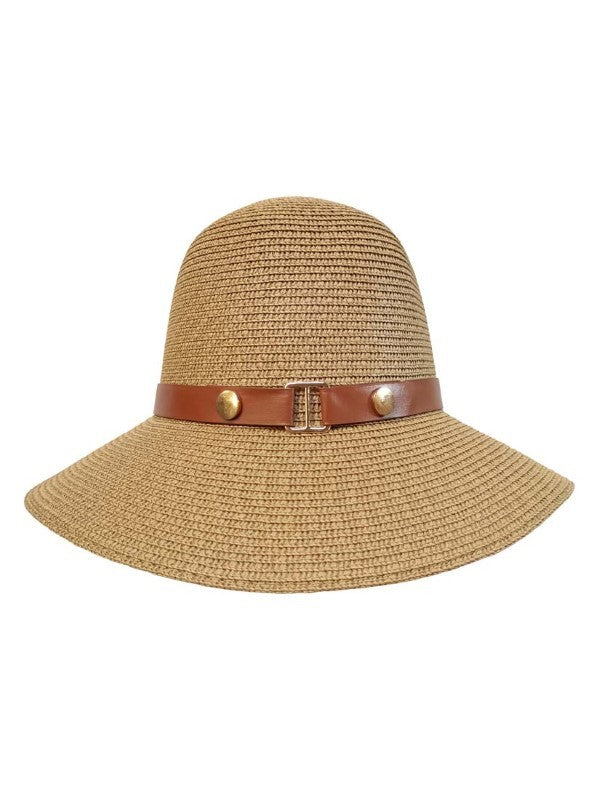 Crochet Bucket Straw Hat w/Metal Buckle Band