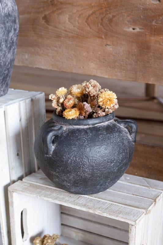 Low Round Black Terracotta Vase With Handles