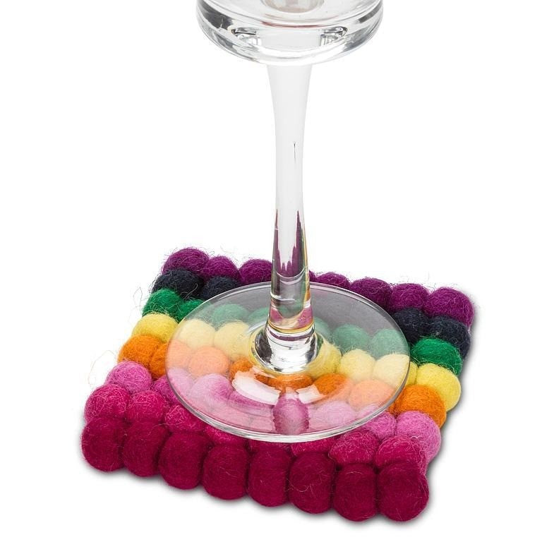 Square Rainbow Stripe Pompom Coaster