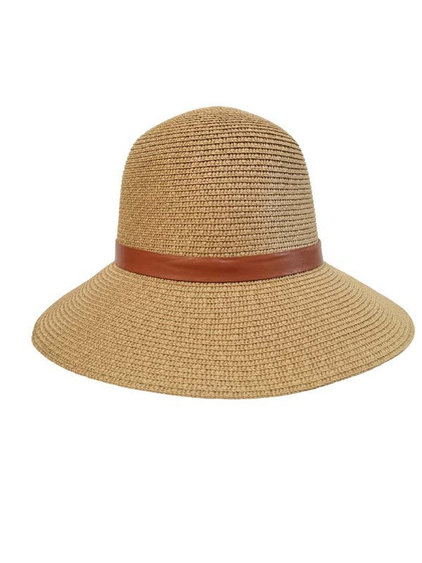Crochet Bucket Straw Hat With Metal Buckle Band, Khaki