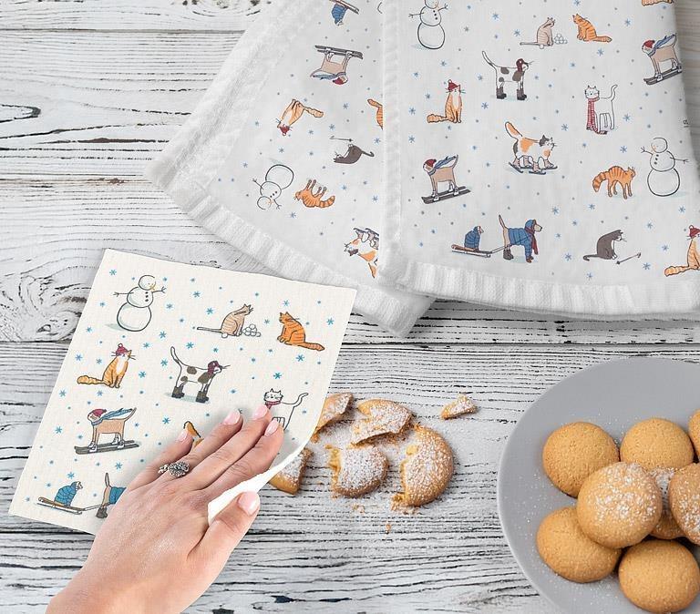 Winter Sports Cats Swedish Dishcloth, Single