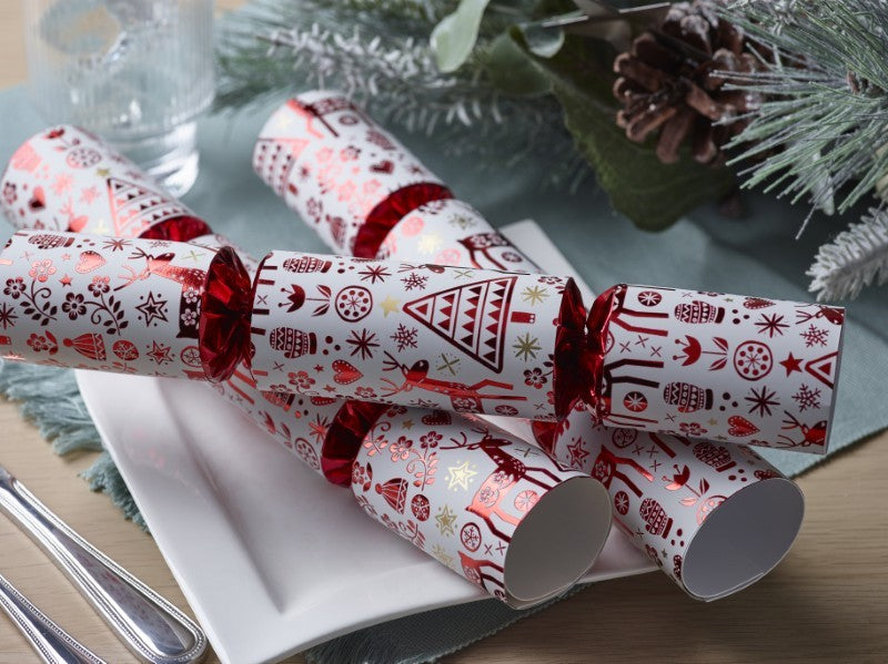 Shiny Red Reindeer Christmas Crackers, Set of 8