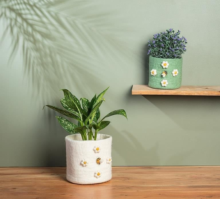 Pompom Flower &amp; Bee Felt Planter, 6"H