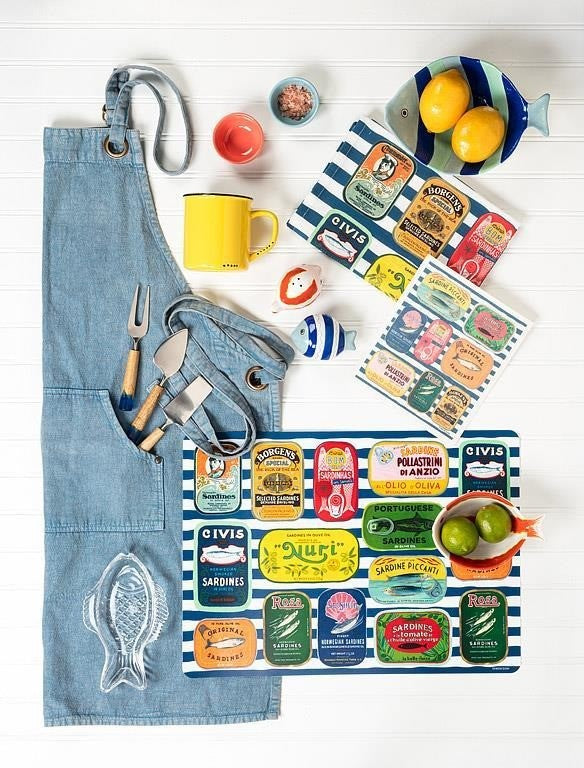 Sardine Tins on Stripes Kitchen Towel