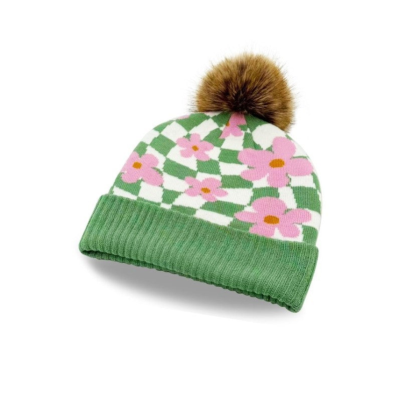 Pink Flower Checkerboard Knit Beanie