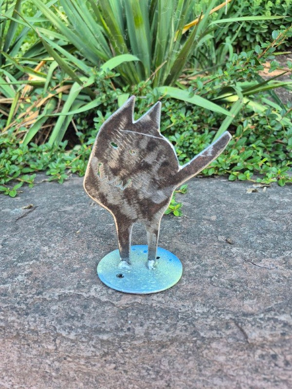 Blue Green Fat Cat Garden Statue, 4" x 5"