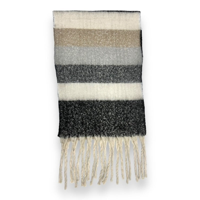 Fluffy Striped Grey Black Blanket Scarf with Tassels