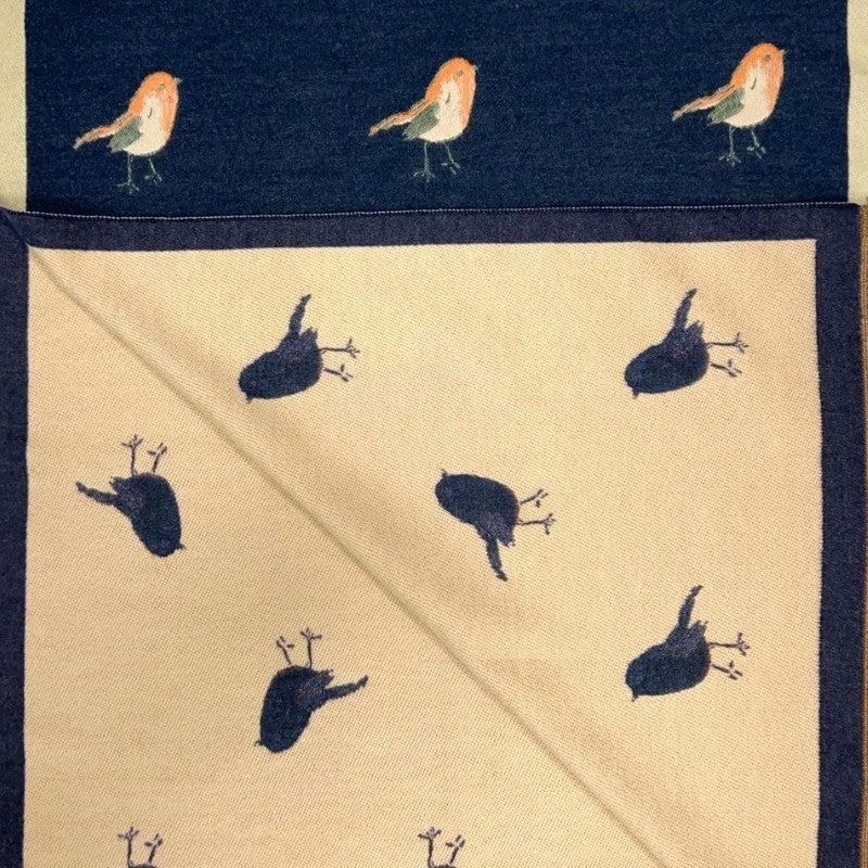 Navy Robin Woven Print On Reversible Cashmeremix Scarf