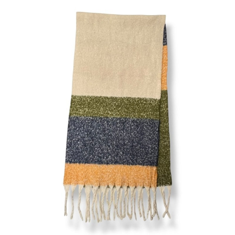 Khaki Fluffy Colourful Block Scarf with Tassels