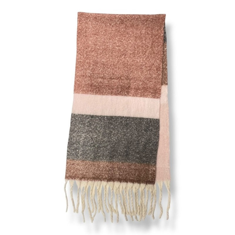 Pink Fluffy Colourful Block Scarf with Tassels
