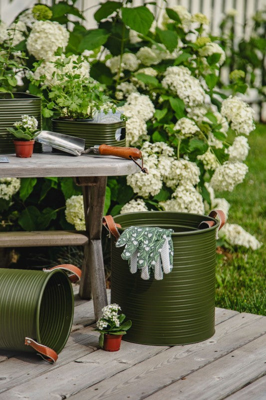 Round Metal Dark Green Tub With Brown Ear Handle
