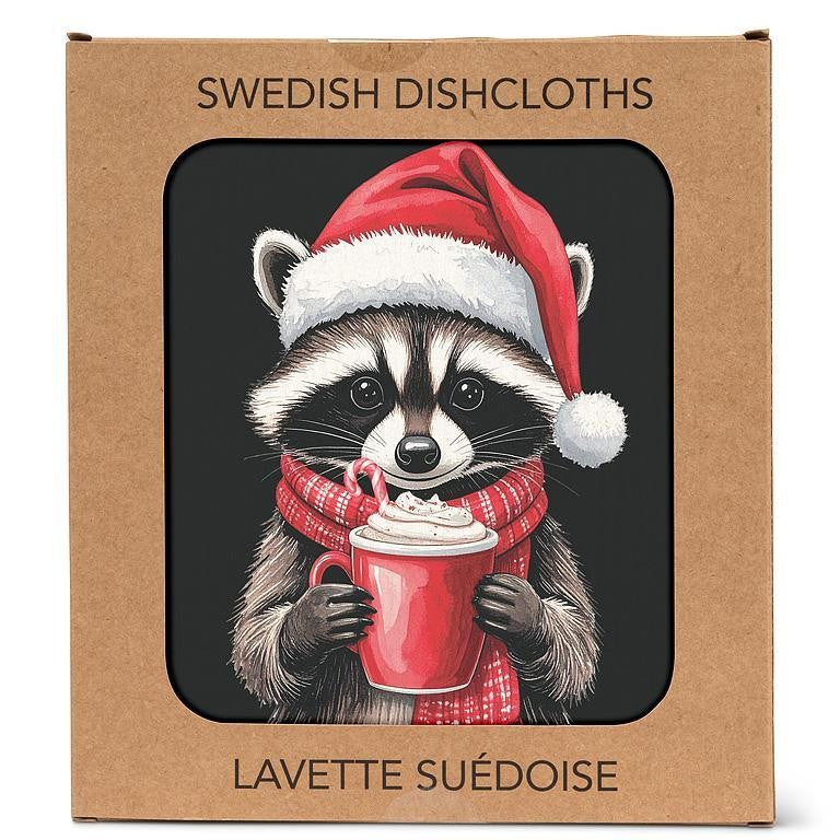 Winter Raccoon Swedish Dishcloth, Single