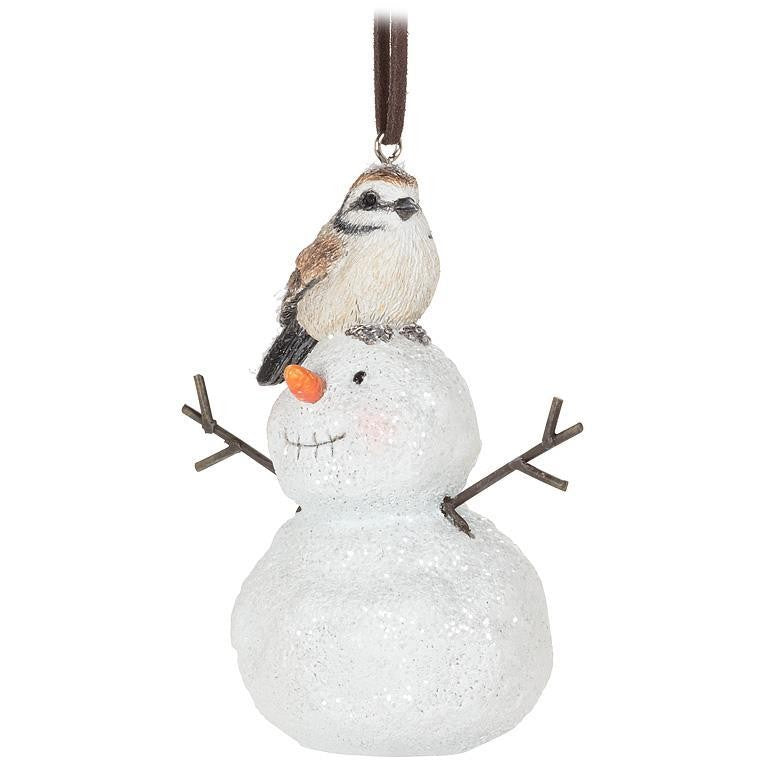 Bird Sitting on Snowman Ornament