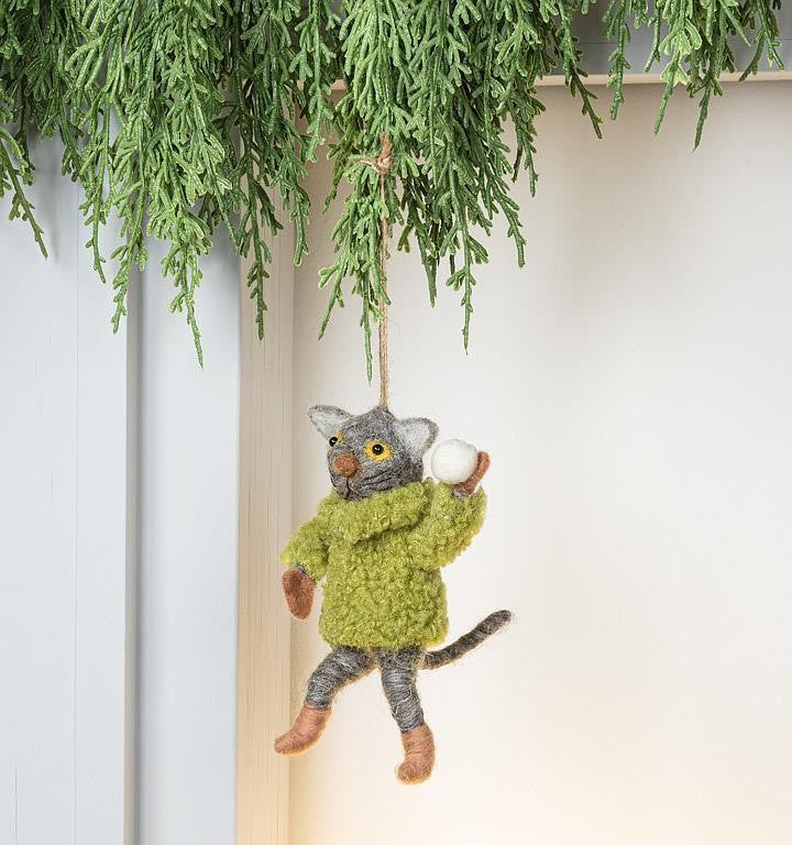 Cat Throwing Snowballs Ornament