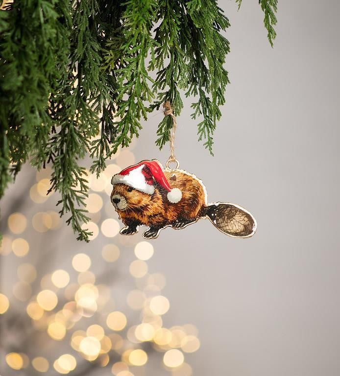 Beaver in Santa Hat Christmas Ornament