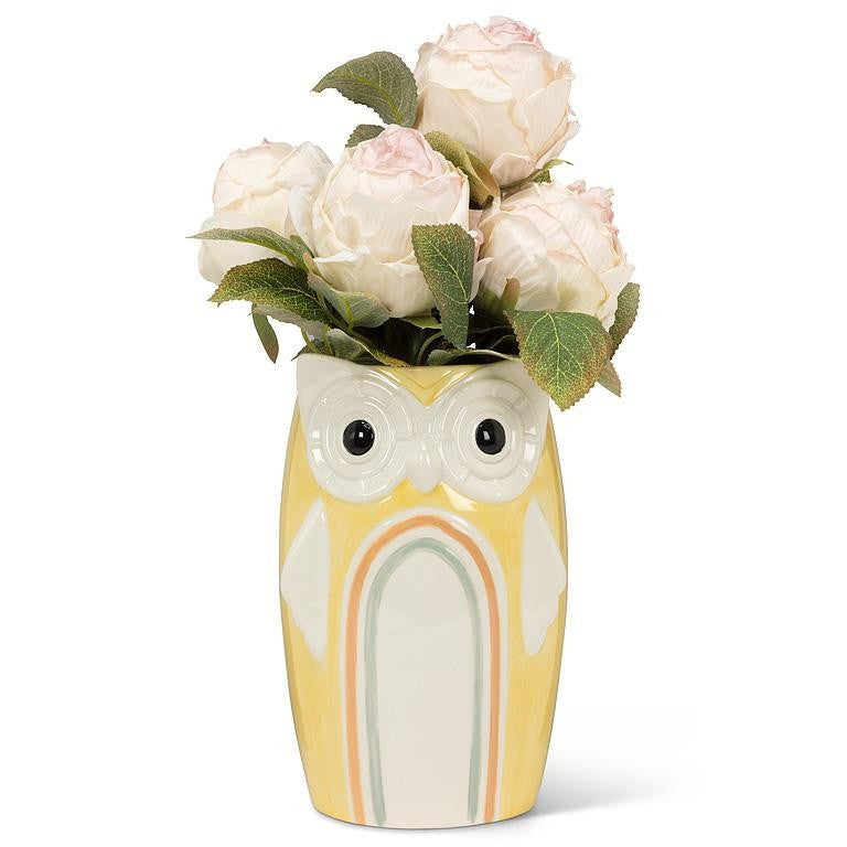 Yellow Rainbow Owl Vase, 6"H